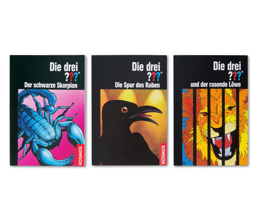 Drei Taschenbücher »Die drei ???« mit Abbildungen von Skorpion, Rabe und Löwe.
