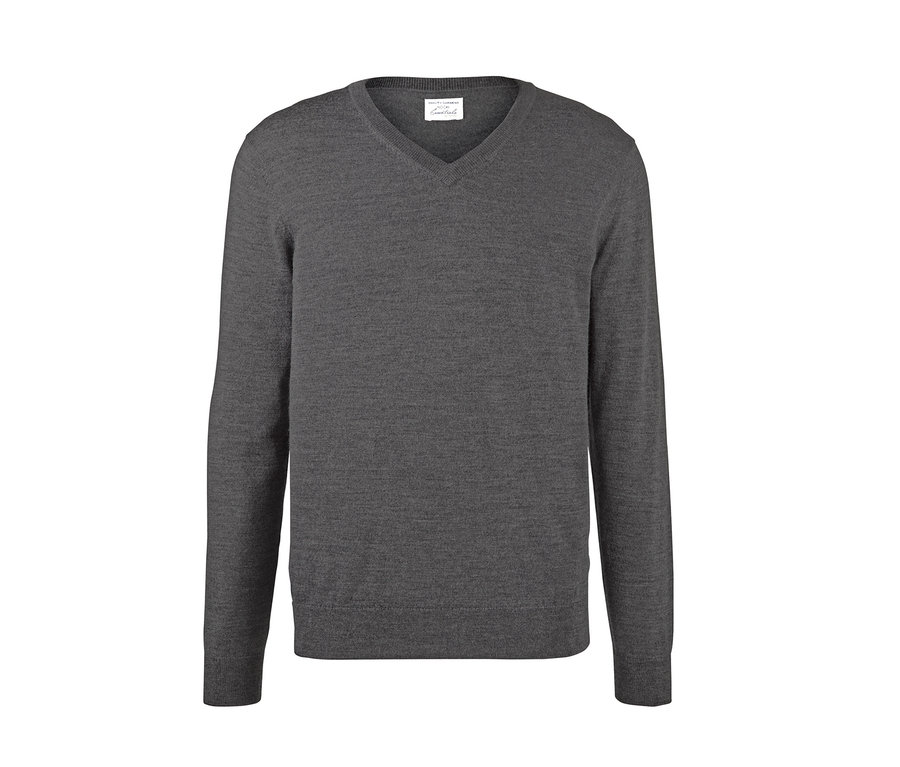 Grauer Merino-Pullover mit V-Ausschnitt.