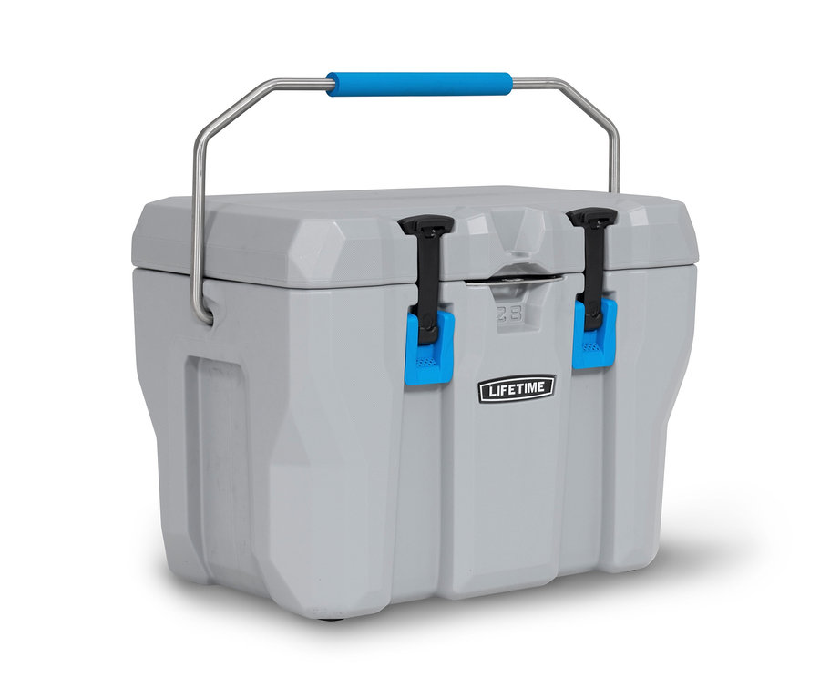 Graue Lifetime-Kühlbox »Premium«, ca. 26,5 l mit blauen Akzenten auf weißem Hintergrund.