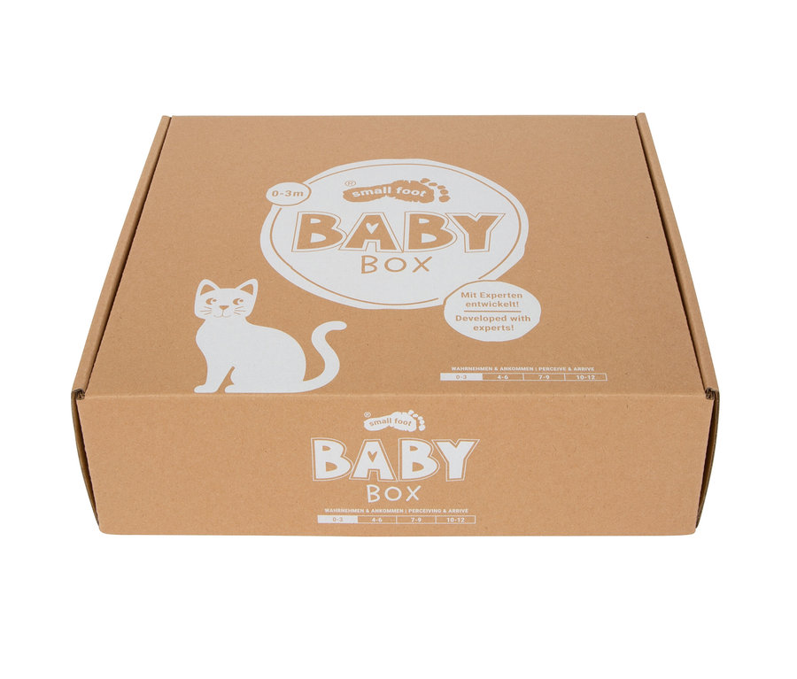 Brauner Karton mit weißem Aufdruck "small foot BABY BOX", einer Katze, dem Text "Mit Experten entwickelt! Developed with experts!" und Altersangaben 0-12 Monate für "Wahrnehmen & Ankommen".