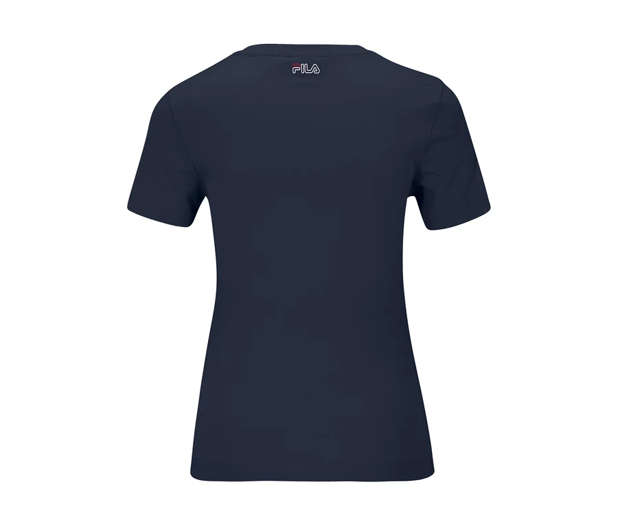 Dunkelblaues FILA Damen T-Shirt »SCHILDE« von hinten mit weißem FILA Logo am Nacken.