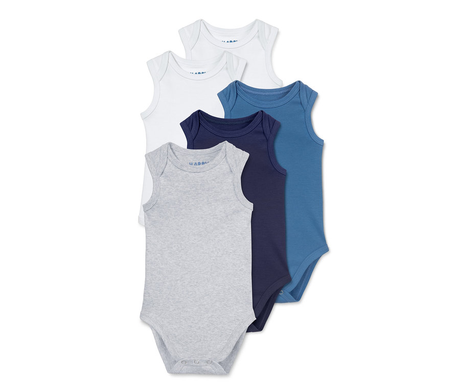 Fünf ärmellose Babybodys in Weiß, Grau und Blau.