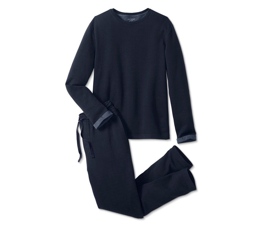 Marineblauer Interlock-Hausanzug mit langärmeligem Oberteil und Hose mit Kordelzug.