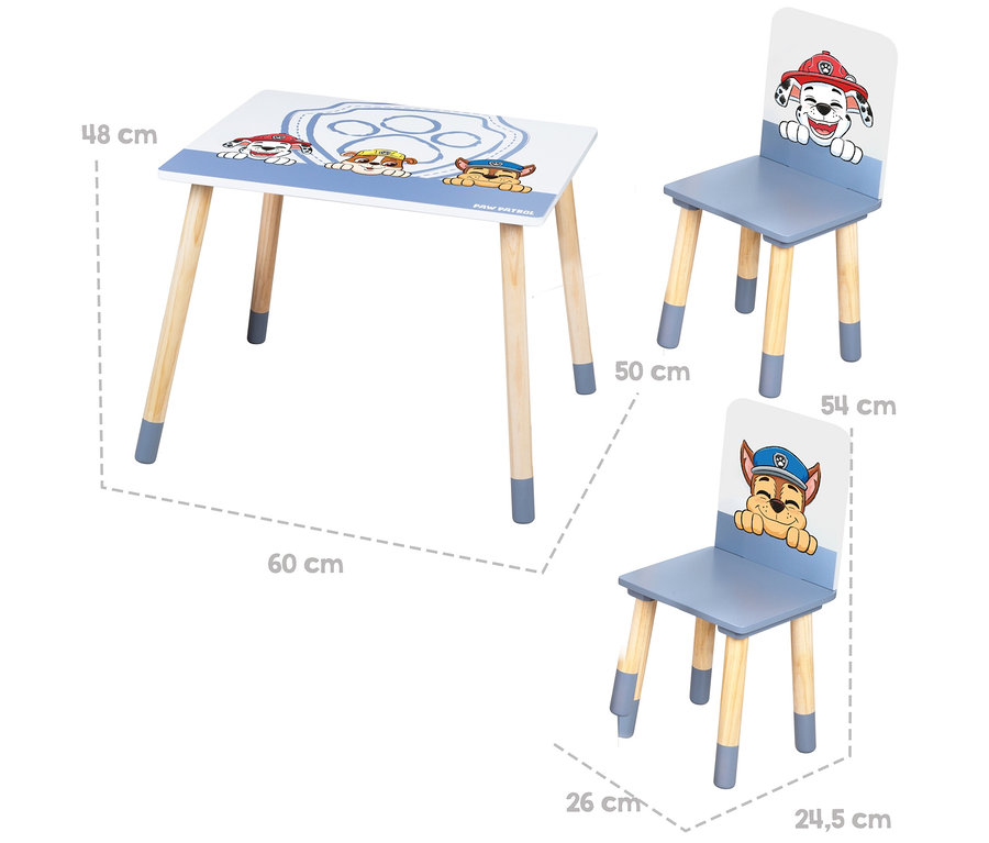 Kindertisch und zwei Stühle mit Paw Patrol-Motiven.