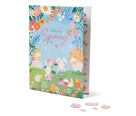 Illustration eines Buches mit dem Titel "Hello Spring" mit Schafen, Hasen, Blumen und einer Picknickdecke.