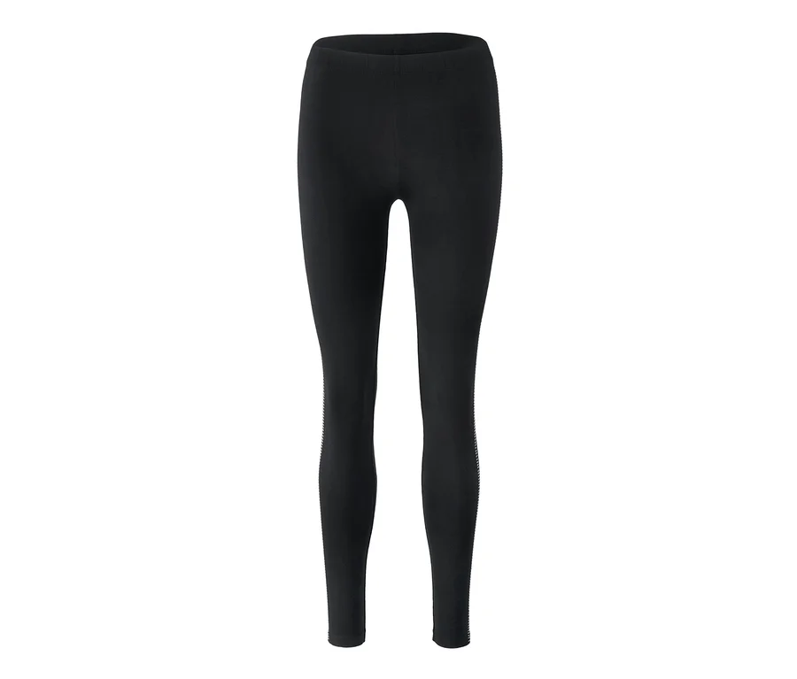 Schwarze Leggings mit dekorativem Detail an der Seite.