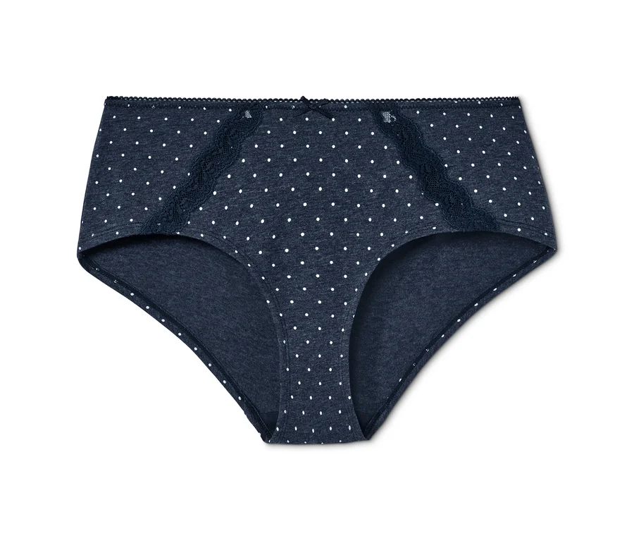 Dunkelblaue Pantys mit weißen Punkten, Spitze und Schleife. 2er-Pack.