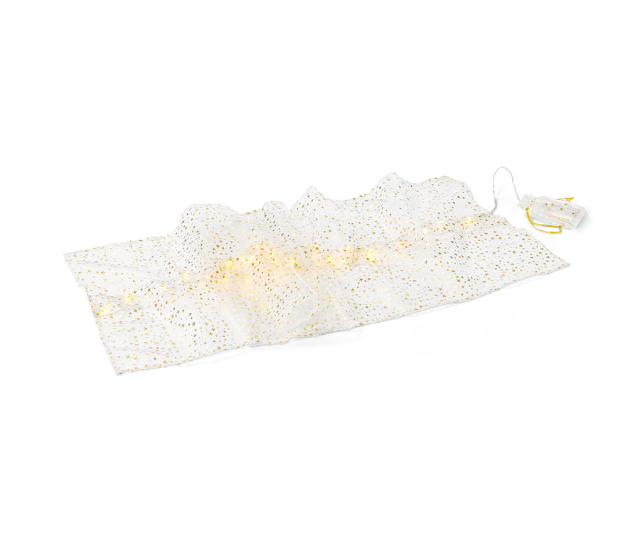 Ein weißer LED-Tischläufer mit goldenen Sternen.