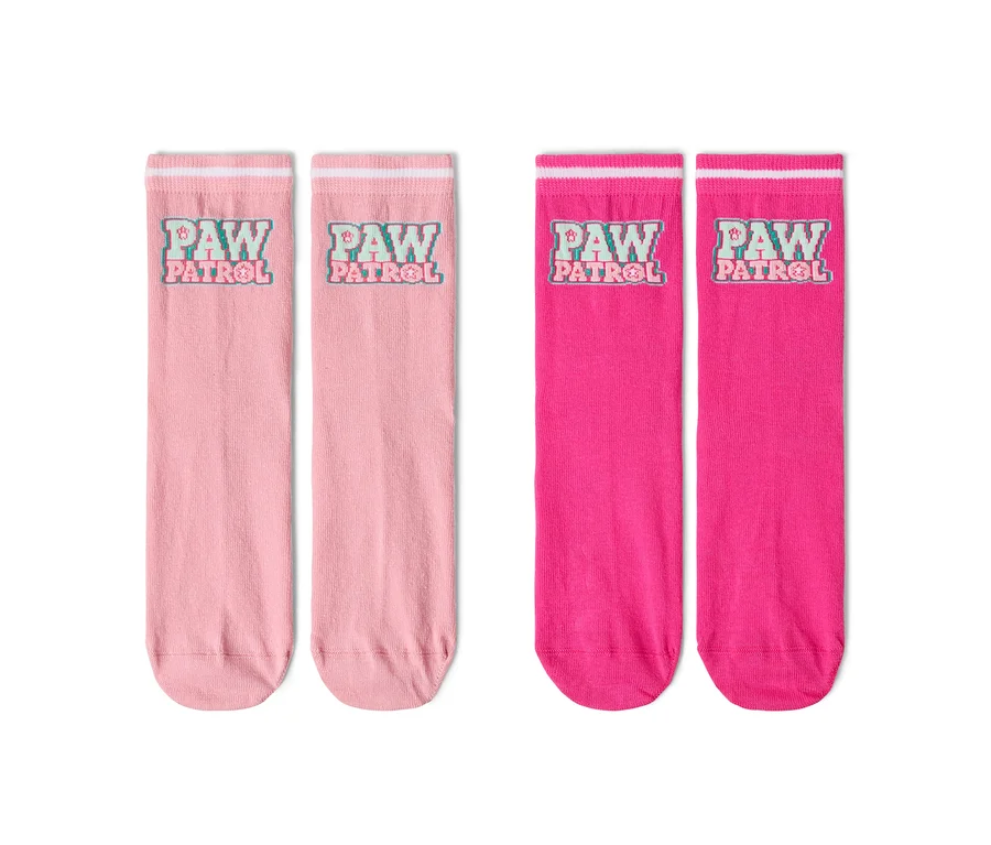Zwei Paar lange Socken, ein Paar in Rosa mit 'Paw Patrol'-Aufdruck und ein Paar in Pink mit 'Paw Patrol'-Aufdruck.