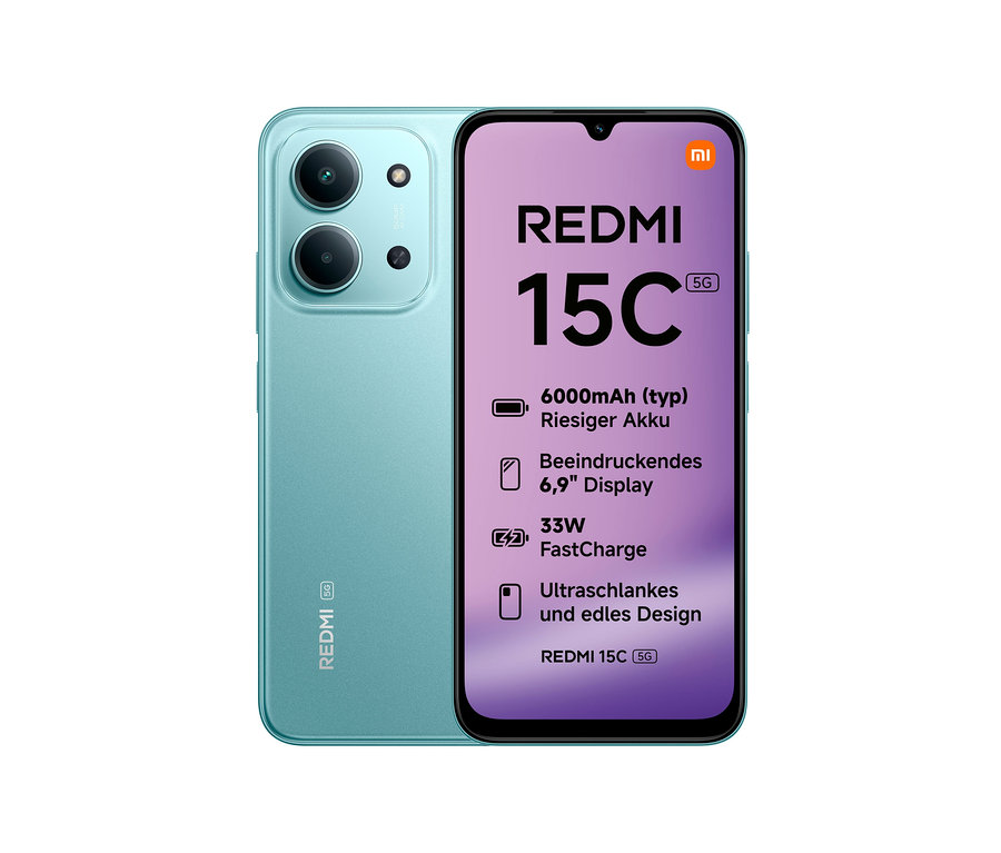 Xiaomi Redmi 15C 5G 128 GB in Mint Green, Vorder- und Rückseite sind sichtbar.