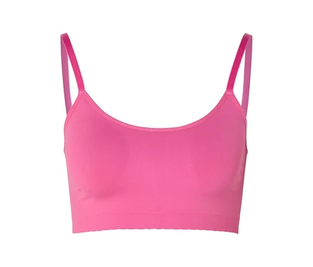 Pinkfarbenes Seamless-Bustier mit Spitze und schmalen Trägern vor weißem Hintergrund.