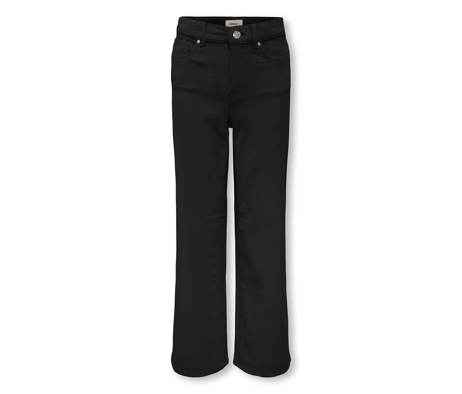 Schwarze Cordhose mit ausgestelltem Bein, Knopfverschluss und Taschen.