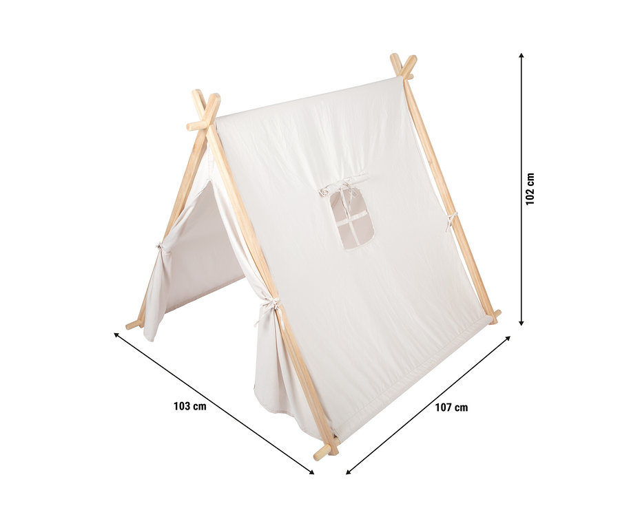 Cremefarbenes small foot Spielzelt aus Stoff mit Holzstangen, offenem Eingang, Fenster und Maßen 102x103x107 cm.