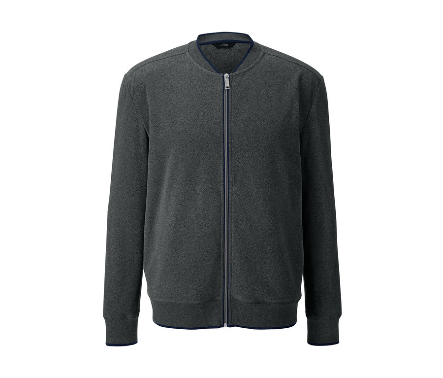 Grauer Fleece-Hausanzug mit durchgehendem Reißverschluss.