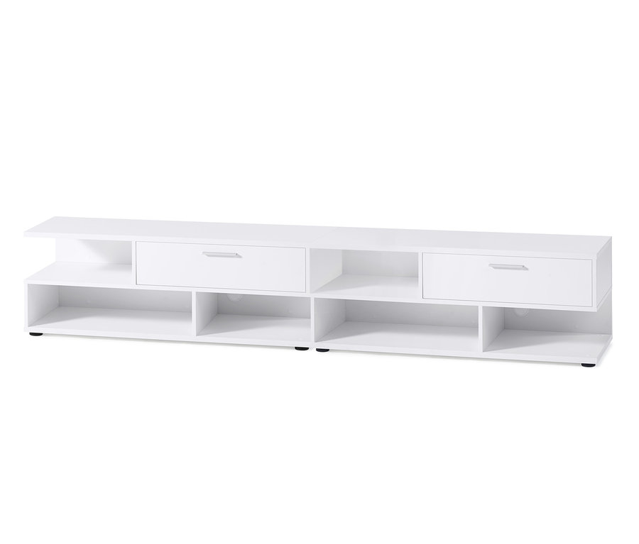 Weißes TV-Lowboard mit Regalen und Schubladen.