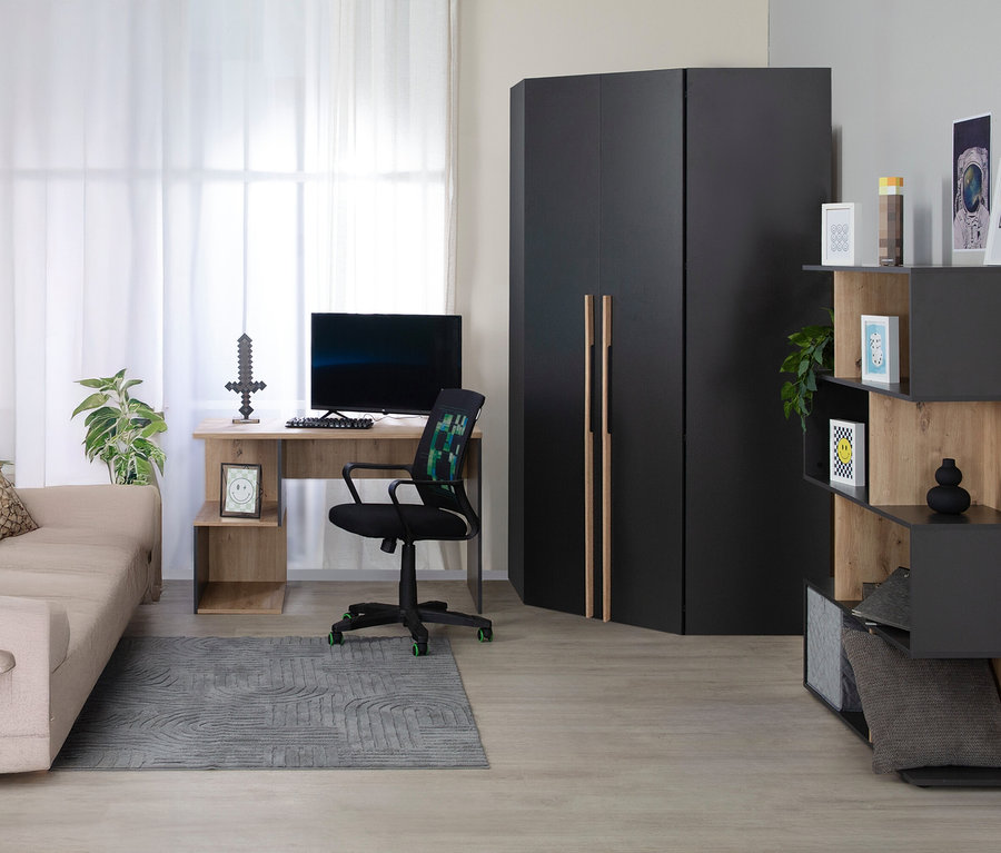 Zimmer mit Schreibtisch, Stuhl, Sofa, Regal und einem Roba Eckschrank »Marvin«.