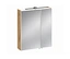 Spiegelschrank mit zwei Spiegeltüren, einer hellbraunen Holzseitenwand und einer schwarzen Leuchte oben, vor weißem Hintergrund.