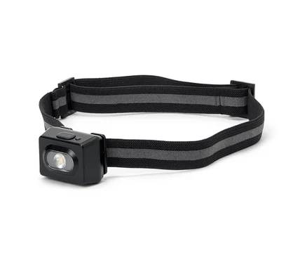 Eine Stirnlampe mit schwarzem Gehäuse und grau gestreiftem Gurt.