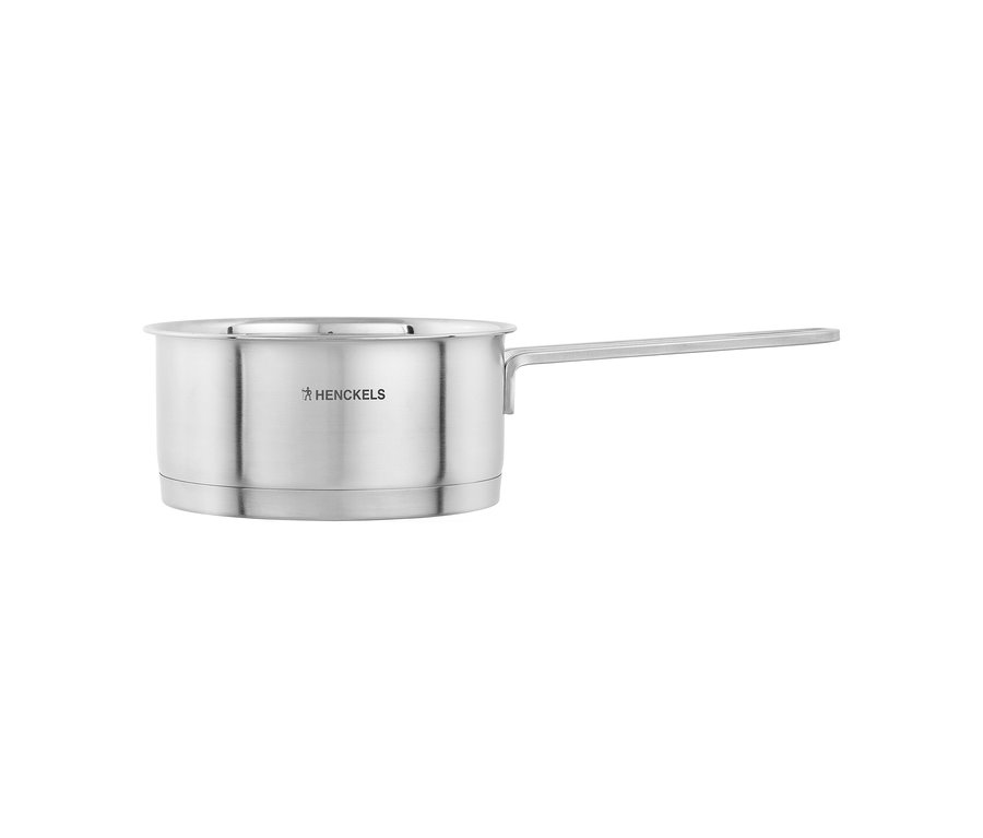 Ein silberner Henckels by ZWILLING »Pulse« Topf mit langem Griff, Teil eines 5-teiligen Kochgeschirrsets.