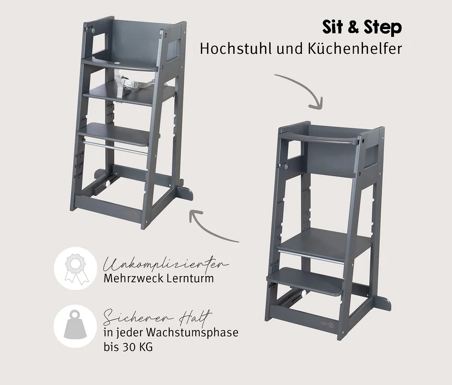 Grauer Holzhochstuhl mit Sicherheitsgurt links, der sich in einen Küchenhelfer mit Stufen und oberer Stange rechts verwandelt.