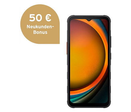 Schwarzes Samsung Galaxy XCover7 EE 5G Smartphone mit orange-schwarzem Bildschirm.