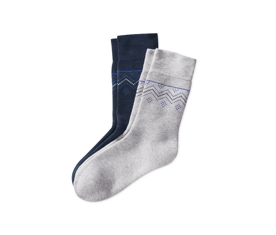 Zwei Paar Thermosocken: ein Paar dunkelblau, ein Paar grau.