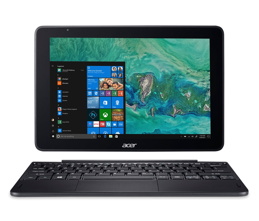 Ein schwarzes Acer-Tablet mit Tastatur auf einem weißen Hintergrund.