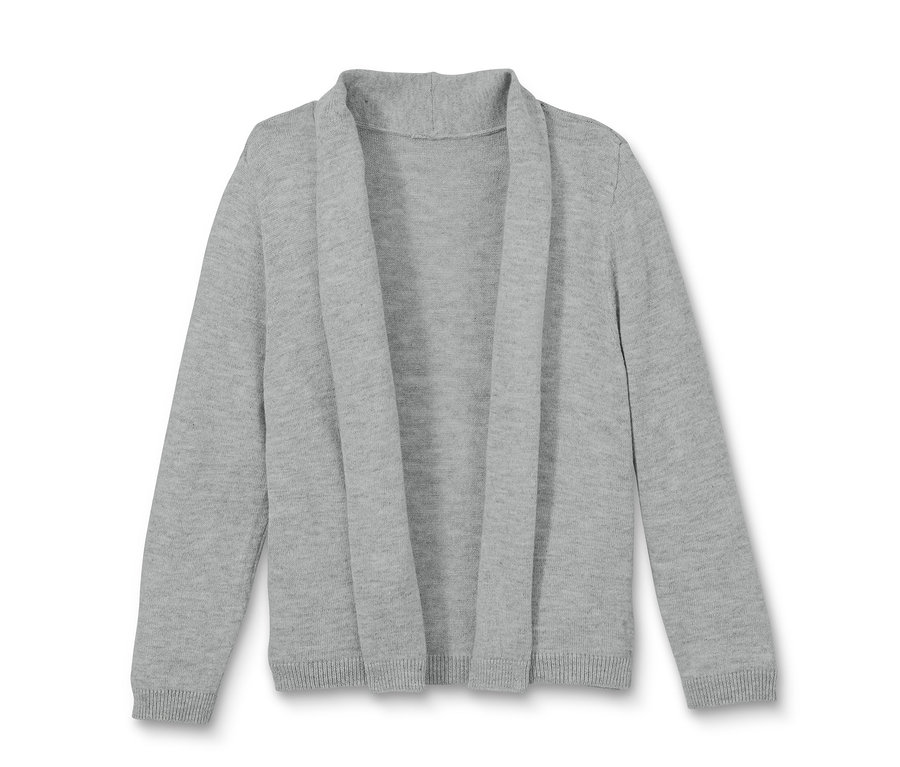 Offene, hellgraue Strickjacke.