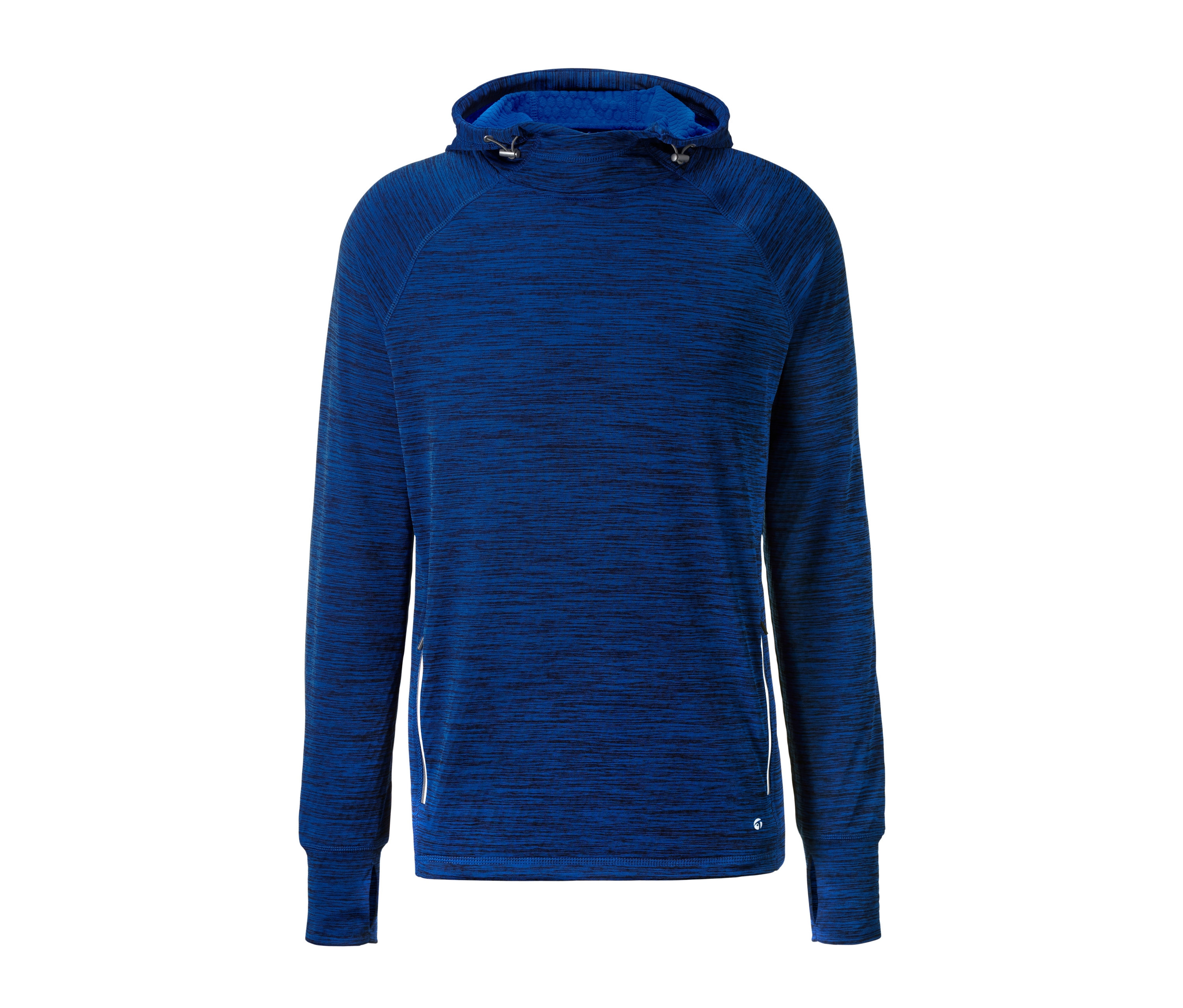 Blaues Thermo-Laufshirt mit Kapuze.