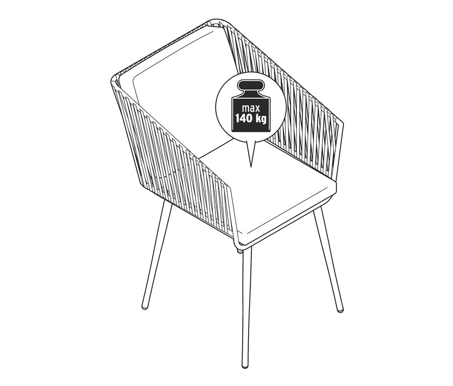 Eine Strichzeichnung von einem »Rope« Sessel und einem Dining-Sessel »Jara« mit Textilgeflecht.