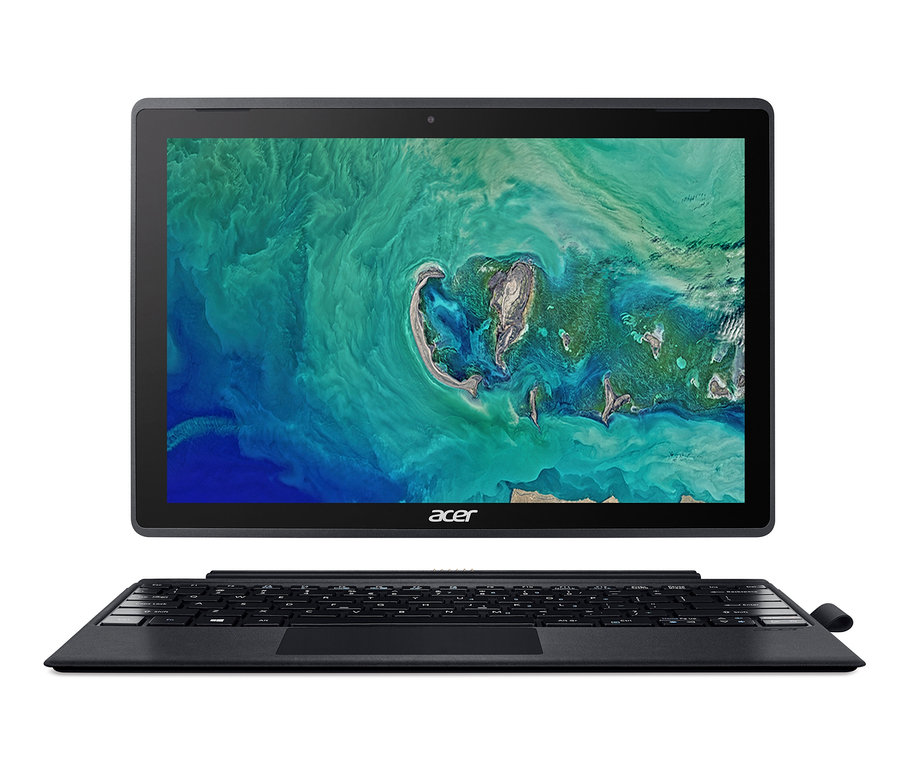 Ein schwarzes Acer Switch 3 2-in-1 Tablet mit angeschlossener Tastatur, von vorne gezeigt.