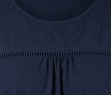 Detailansicht eines marineblauen Jerseyshirts mit Lochstickerei.