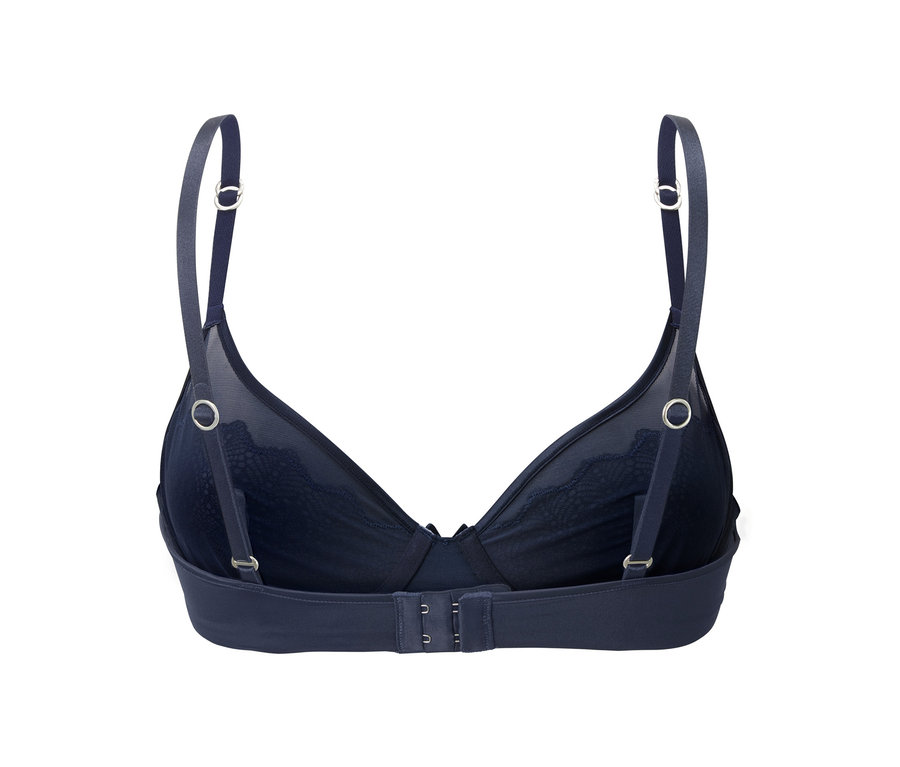 Detailansicht der Rückseite eines blauen Bügel-BHs.