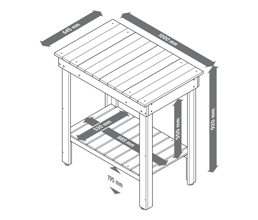 Illustration eines aufklappbaren Pflanztisches mit Massangaben.