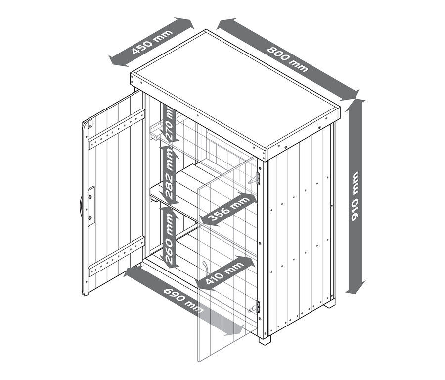 Skizze von kleinem Gartenschrank »Jonte« mit verzinkter Arbeitsfläche, geöffneter Tür und Größenangaben.