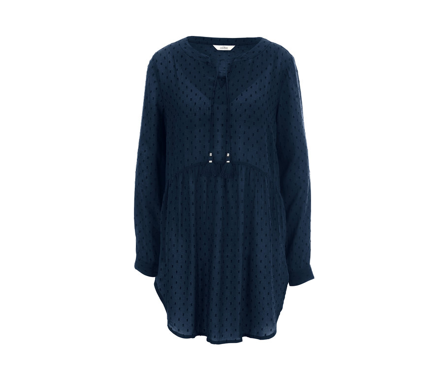 Marineblaue Longbluse mit Zierquasten.