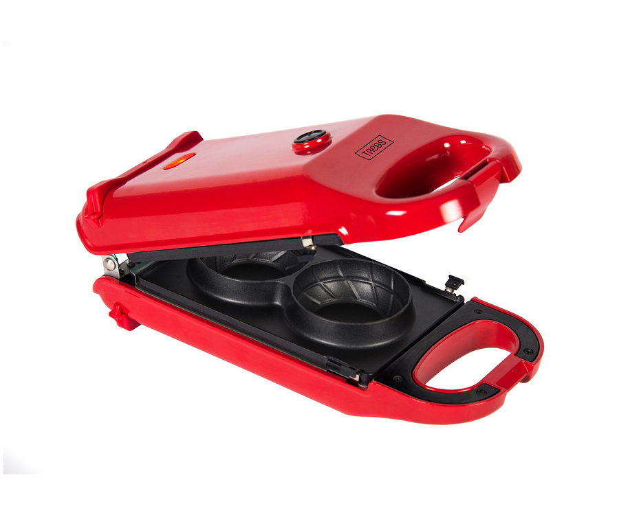 Detailansicht eines roten, geöffneten 6-in-1-Snackmakers.