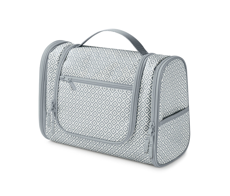 Eine Kulturtasche zum Aufhängen mit Muster.