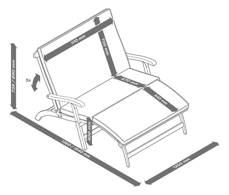Skizze eines Doubledeckchairs mit abnehmbarem Fußteil und Abmessungen.