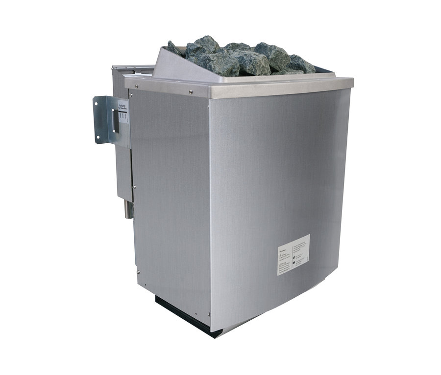 Ein metallener Saunaofen mit grauen Steinen oben drauf.