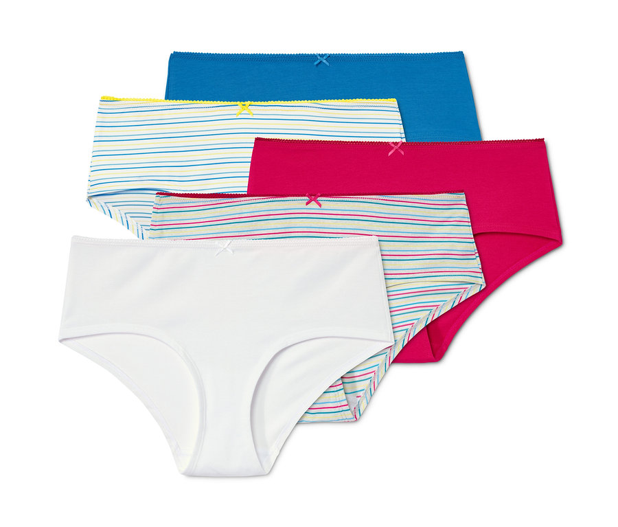 Fünf Pantys in Weiss, Blau, Pink und zwei gestreifte.