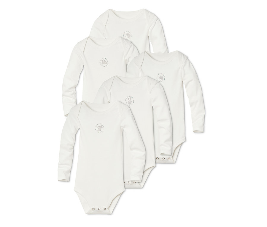 Fünf weiße Baumwoll-Langarmbodys.