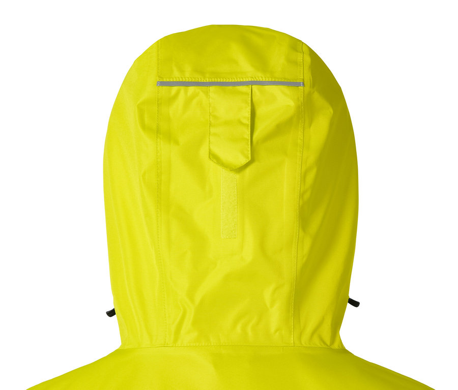 Detailansicht der Kapuze einer gelben Unisex-Regenjacke von hinten.