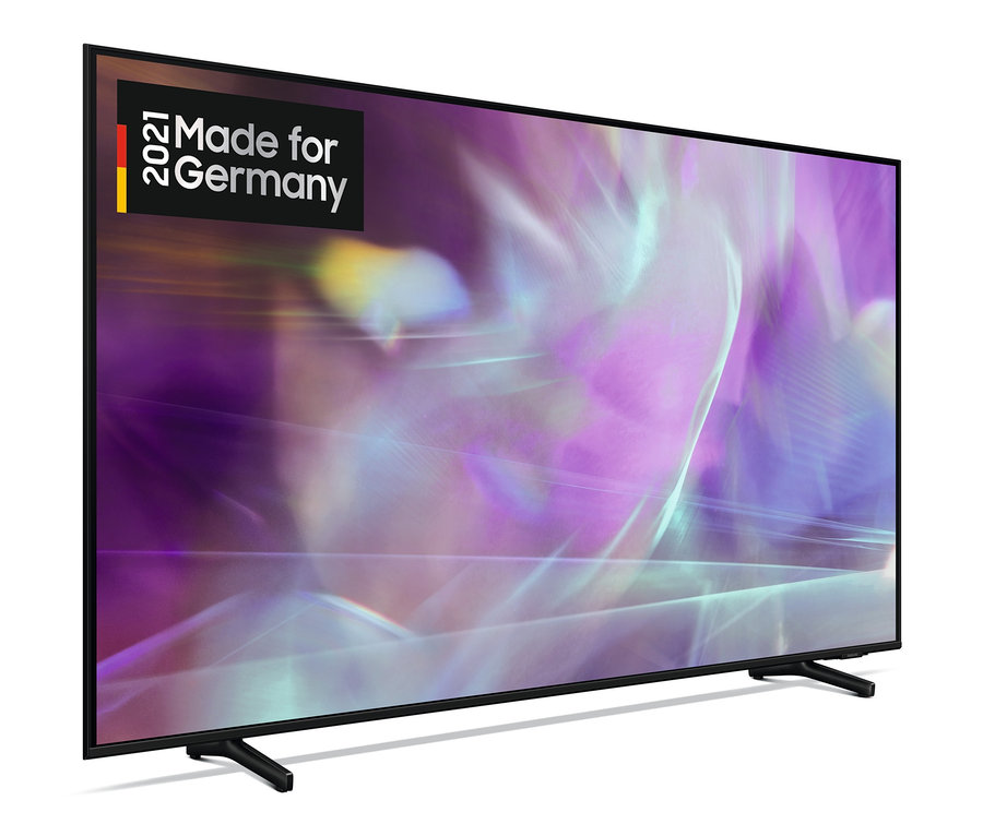 Ein schwarzer Samsung 4K-UHD-Smart-TV mit lila Bildschirm.