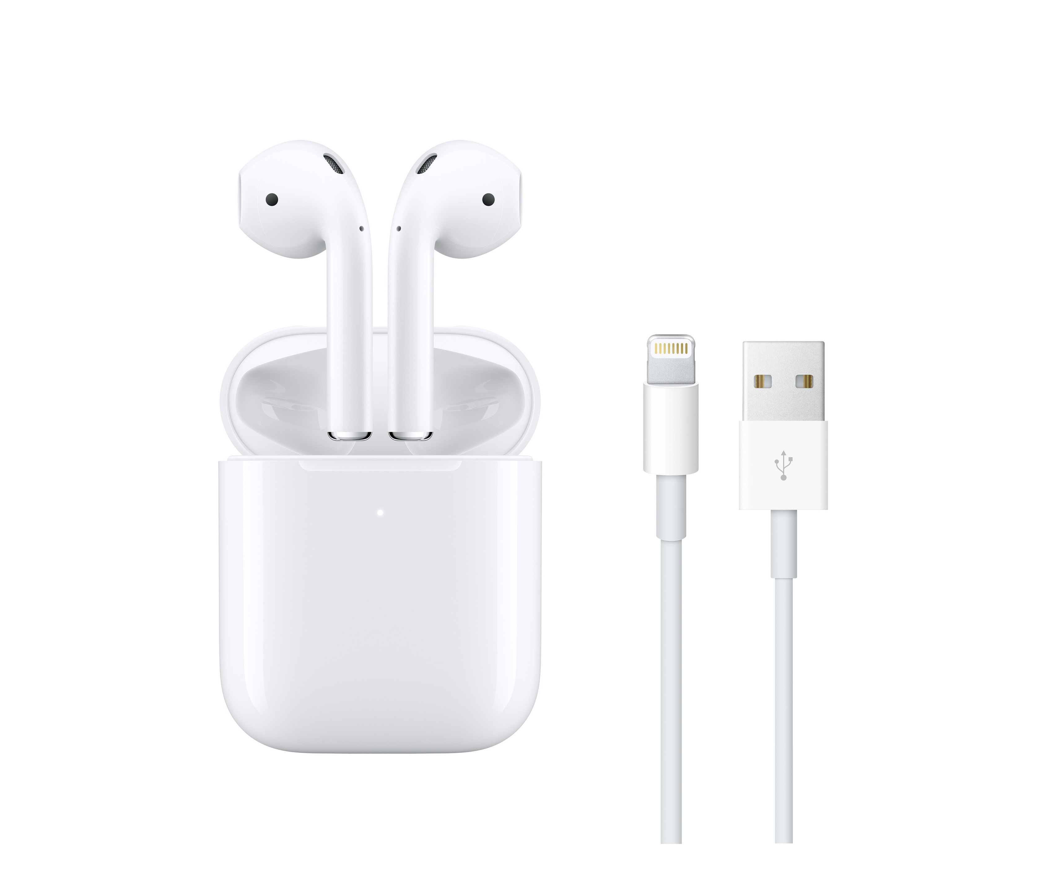 Weiße Apple AirPods 2. Generation mit Ladecase und Ladekabel.
