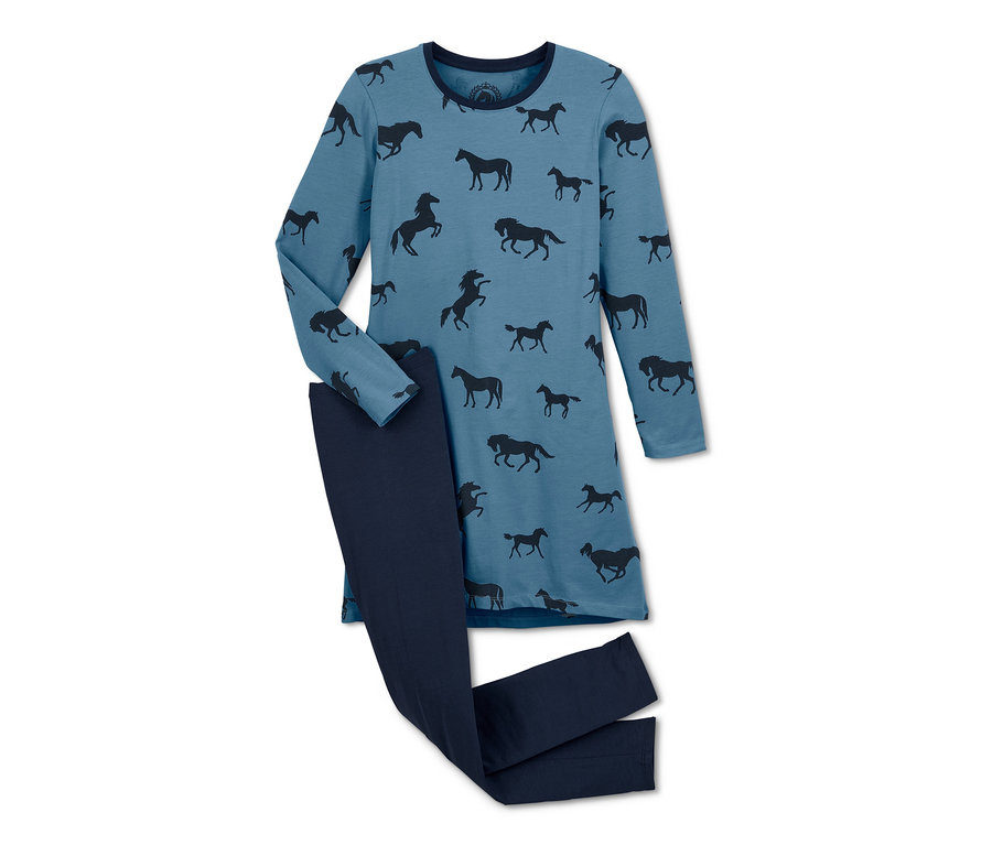 Hellblaues Jersey-Nachthemd mit schwarzen Pferden und marineblauer Leggings.