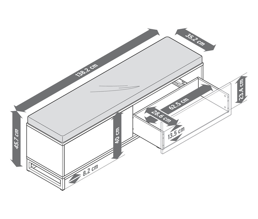 Abbildung einer Bettbank mit Polster und Maßangaben.