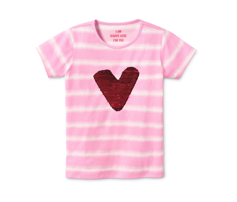 Rosa gestreiftes T-Shirt aus Bio-Baumwolle mit rotem Paillettenherz.