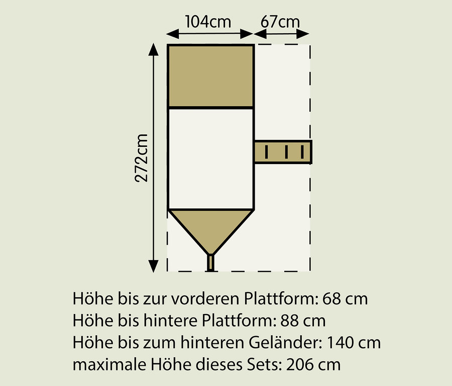 Diagramm der Abmessungen des TP Toys Holz-Piratenschiff-Spielplatzes »Galleon«.