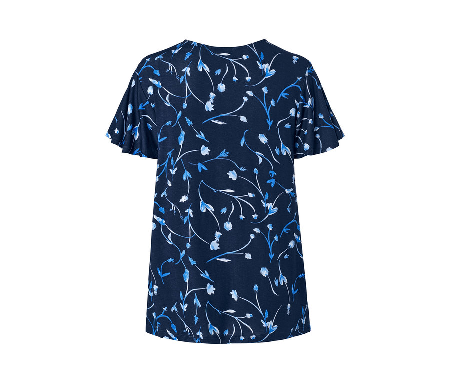 Dunkelblaues Blusenshirt mit Flügelärmeln und blau-weißem Blumenmuster.